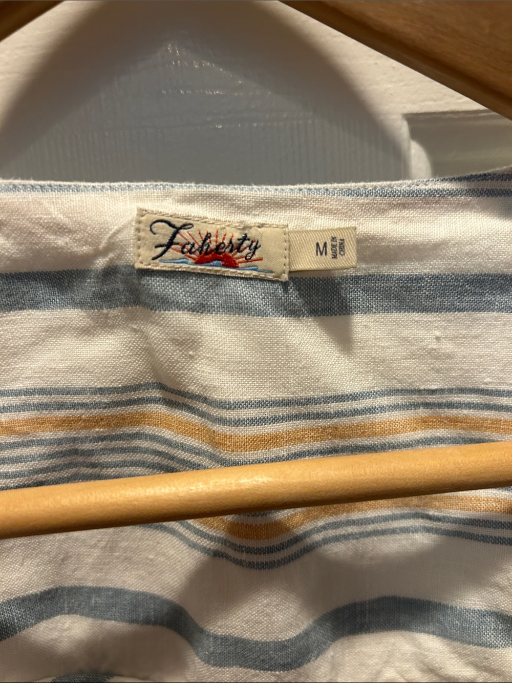 Faherty Striped V-Neck Linen Dress in White, Light Blue, Tan - Picture 6 of 10